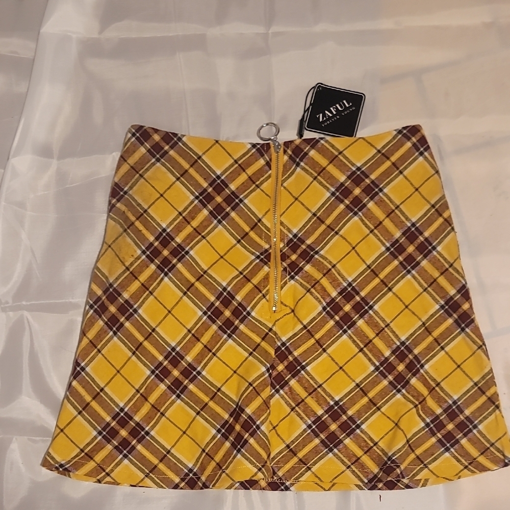 Zaful Plaid Mini Skirt yellow brown retro mod nwt clueless retro